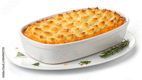 Golden brown shepherd s pie in a white baking dish