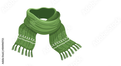 Green scarf wrapped around the neck provides warmth and style in a cozy winter scene with fringed ends and soft textured knit.
