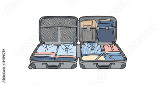 Packed suitcase is open with neatly folded shirts stacked on both sides and small accessories tucked into pockets for efficient travel.