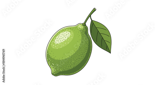 Green pear with a curved stem and a single leaf resting against a plain white background highlighting smooth speckled skin and natural fruit form.