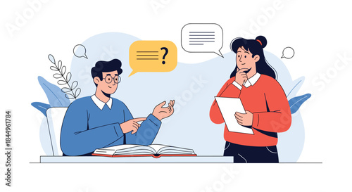 Two people discuss a lesson as one sits at a desk with an open book and the other stands with a clipboard sharing ideas and asking questions.