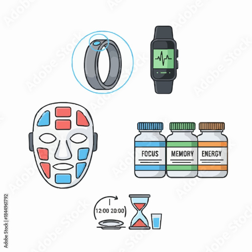 Biohacking and Health Optimization Icon Set. Modern Wellness Technology Illustrations including Smart Ring, Fitness Tracker, Nootropic Supplements, Light Therapy Mask, and Intermittent Fasting.