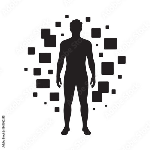 A silhouetted human figure is encompassed by a cloud of scattered abstract square shapes