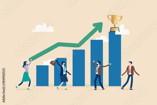 Teamwork and growth people supporting an upward trending graph and trophy