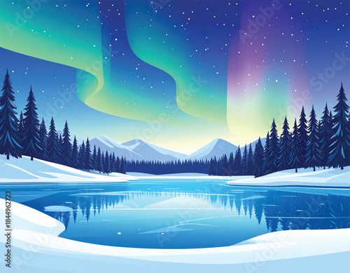 Aurora Borealis Over Frozen Lake and Pine Forest.