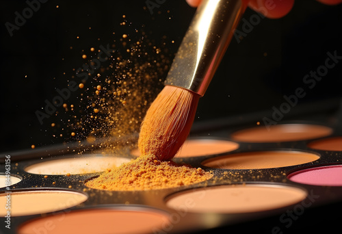 Hand applying makeup brush to cosmetic powder palette