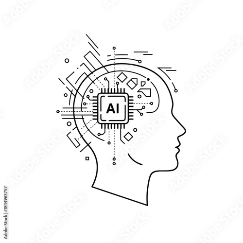 Human Head with AI Microchip Inside.