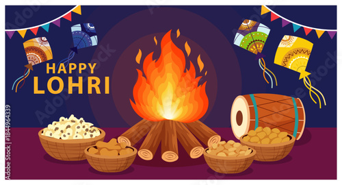 Happy Lohri Bonfire Festival Treats Kite Night Banner Vector