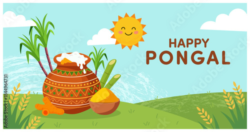 Happy Pongal Harvest Rural Field Sugarcane Sunny Day Vector