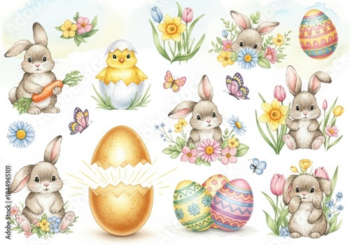 Cute easter bunny illustration with eggs, chick, flowers, and butterflies in watercolor style