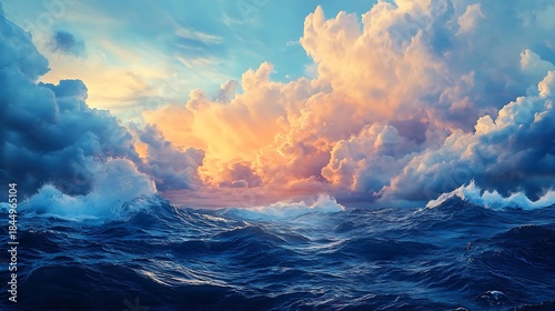 Powerful dramatic ocean waves under a stormy sunset, majestic dramatic ocean waves crashing in the deep blue sea, and scenic dramatic ocean waves with golden sunlight hitting the water.