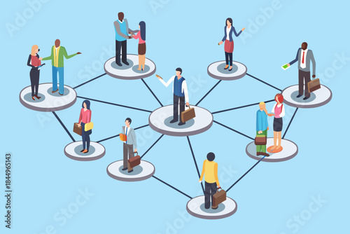 Isometric illustration depicting a network of professionals collaborating and connecting
