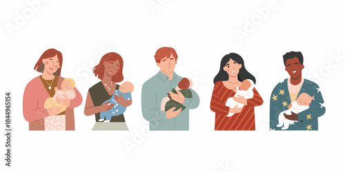 Diverse group of parents lovingly holding their newborn babies together