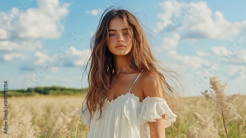 Stunning summer woman portrait of a young girl in a white dress in a field, capturing a natural summer woman portrait under a blue sky for an aesthetic summer woman portrait concept.