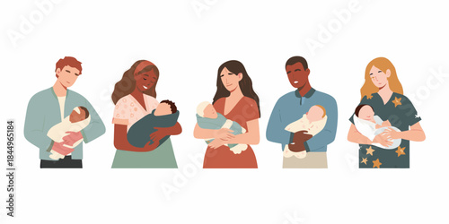 Diverse group of parents embracing and holding their newborn babies lovingly