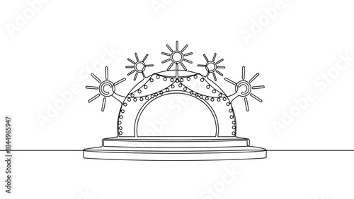 Abstract line art illustration of a stage with sun-like decorations and lights