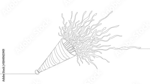 Single line drawing of a party popper exploding with confetti and streamers