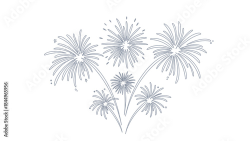 Isolated grey line art fireworks bursting in a white background minimalist celebration graphic