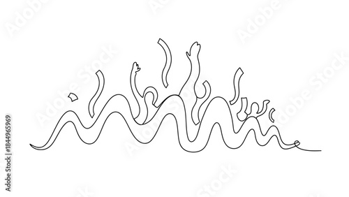 Abstract flowing lines with waving celebratory confetti and arms raised in delight