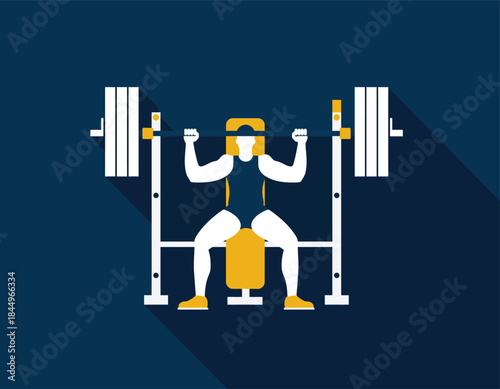Man performing bench press exercise on weightlifting equipment.