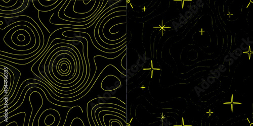 Abstract black background with swirling yellow lines and scattered star like shapes