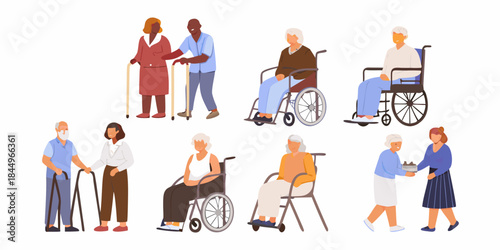Diverse group of elderly people with varied mobility needs and assistance
