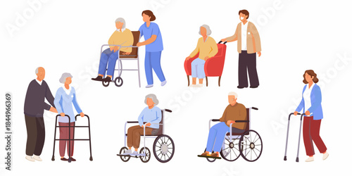 Diverse group of seniors receiving assistance and care from healthcare professionals