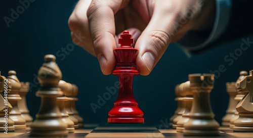 Person strategically places red chess king piece on chessboard. Teams compete for advantage. Business leader makes decision for innovation in customer-centric approach. Competitive business strategy