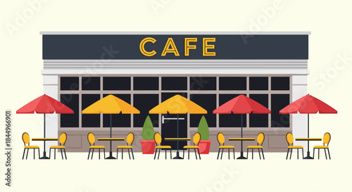 Exterior view of a modern city cafe or restaurant with outdoor seating, tables, and umbrellas on the sidewalk.