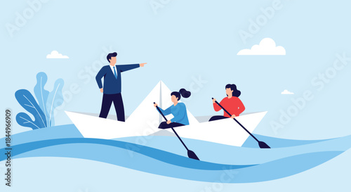 Business leadership and teamwork concept with a manager in a suit directing his team rowing together in a paper boat.