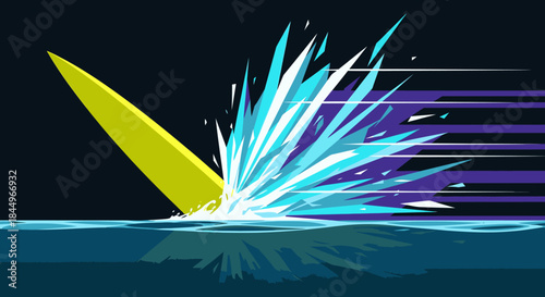 Dynamic yellow surfboard splashing water and creating motion blur effect, representing surfing and water sports