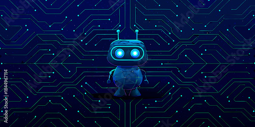 A charming blue robot stands amidst a complex digital circuit pattern