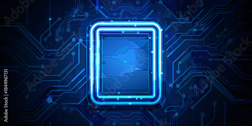 Futuristic smartphone display integrated with a complex circuit board background