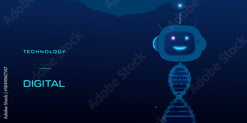 Digital robot with dna strand illustration representing future technology and artificial intelligence