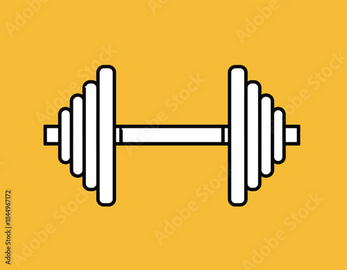 Simple white dumbbell illustration on a yellow background.