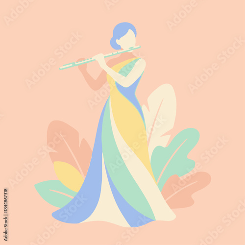 Flat vector illustration of a classical flutist performing, elegant standing pose, solid pastel colours, smooth curves, minimal detail, flat vector illustration for Adobe Stock