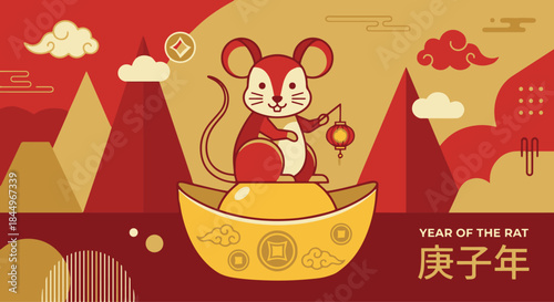 Rat
"Cute zodiac rat sitting on a gold ingot, holding a tiny lantern, clean vector illustration with geometric shapes and red–gold palette"