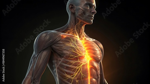 Anatomical illustration of the human nervous system and musculature