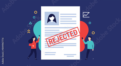 Job application rejection concept with a large resume marked 'REJECTED' and two disappointed candidates on a dark background.