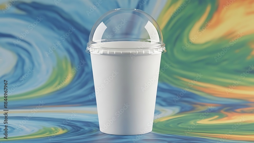 Obraz premium Blank White Smoothie Cup with Dome Lid on Abstract Background.