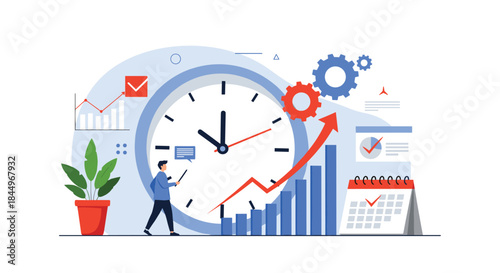 Business productivity and efficiency concept with a man managing tasks against a backdrop of a clock, gears, and growth charts.