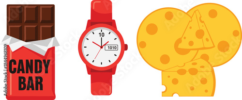 Candy Bar, Red Wrist Watch, and Swiss Cheese Vector Icons Set, Food and Time Concept Illustration, Flat Graphic Design Elements for Grocery, Snack, and Dairy