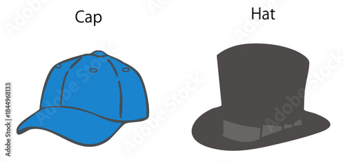 CapとHat,２種類の帽子の違いのベクターイラスト