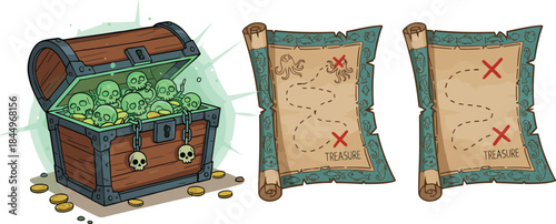 Cartoon pirate treasure chest overflowing with glowing green skulls and gold coins, alongside two rolled-up antique maps marking the spot with a red X for adventure games.