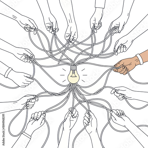 Multiple Hands Holding Strings to a Head.