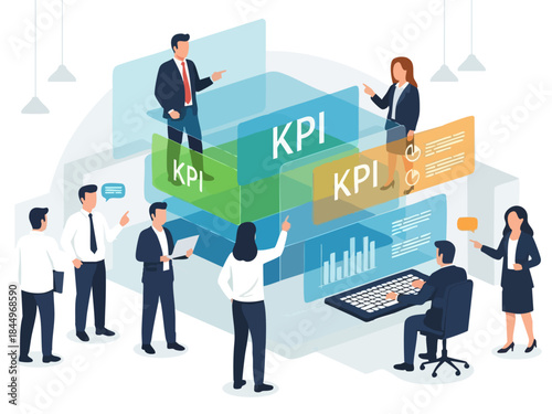 Business team analyzing key performance indicators on digital screens.