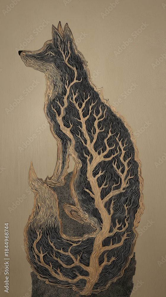 Obraz premium Detailed drawing of a wolf made up of trees. Perfect for nature themed designs, ecofriendly projects, wildlife conservation campaigns, and forest awareness.