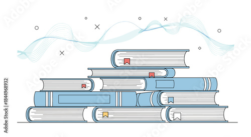 Minimalist line art illustration of a stack of books with bookmarks, representing education, literature, and knowledge.
