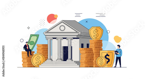 Banking and finance concept with a classic bank building surrounded by stacks of gold coins, cash, and secure investment icons.