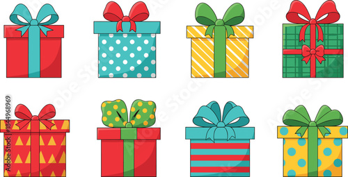 Colorful gift box collection with ribbons and bows, festive wrapped presents for celebrations and holidays vector illustration